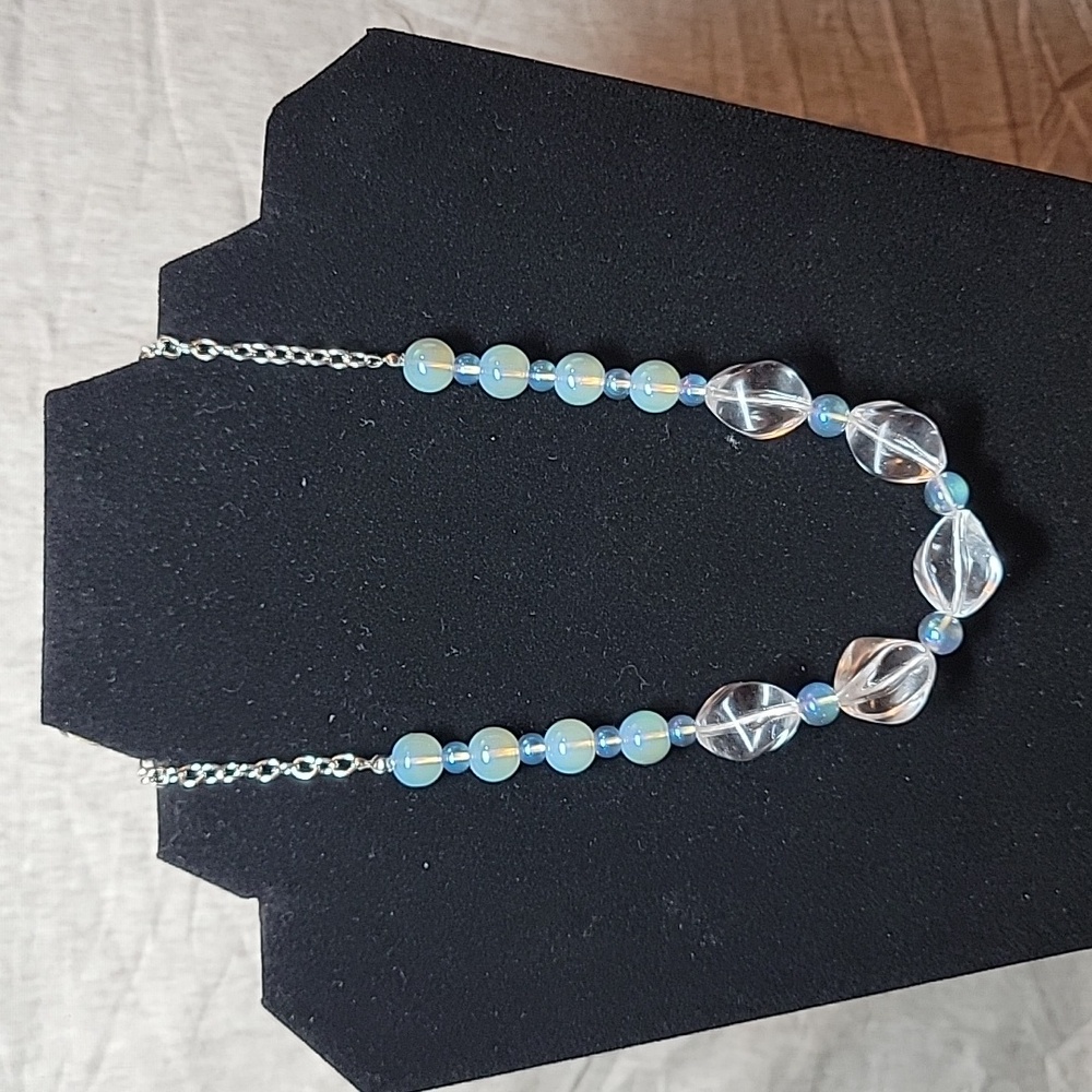 Upcycled Clear and Blue Glass Bead Necklace